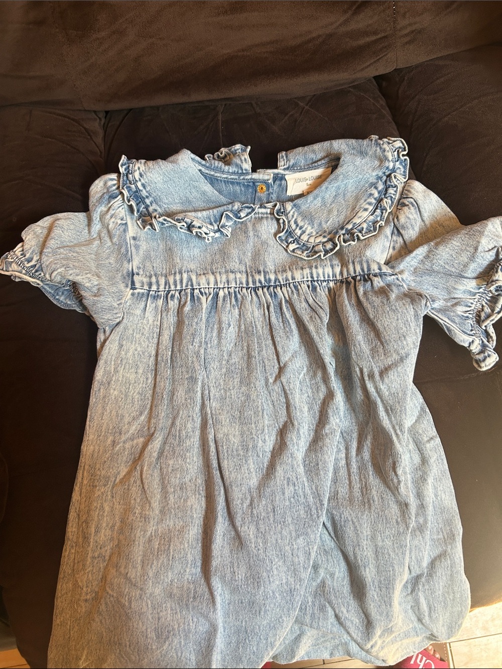 Light Wash Denim Ruffle Collar Kids Dress - Blue